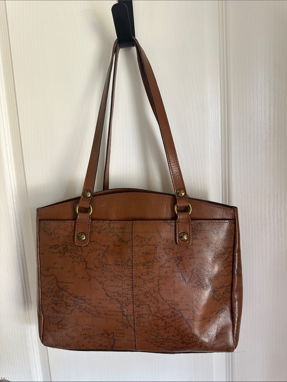 Classic Brown Leather Tote Bag with Map Detail